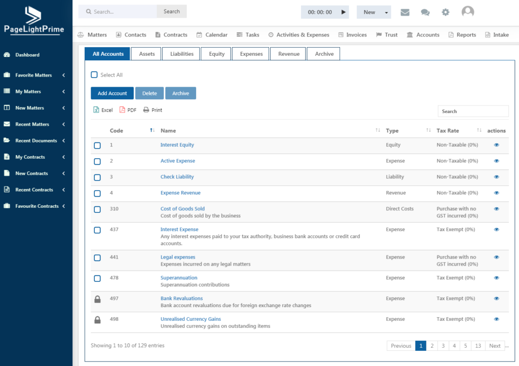 PageLightPrime - Chart of Accounts