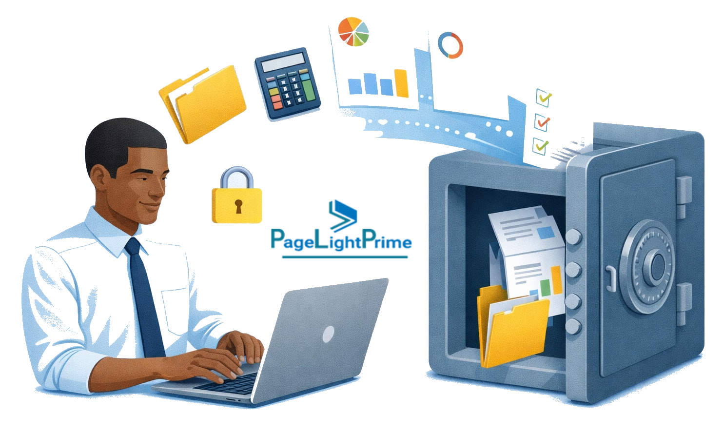 Illustration showing legal accounting software with client ledgers, reconciliation records, and financial charts.