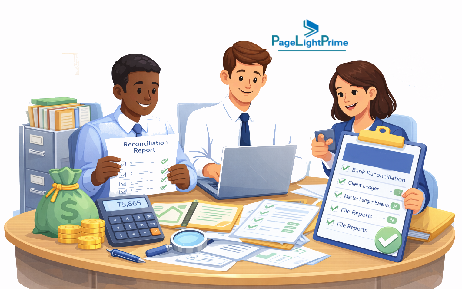 Illustration of two professionals shaking hands beside the title ‘Monthly Three-Way Reconciliation Checklist