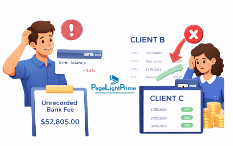 Dashboard of PageLightPrime legal trust accounting software showing reconciliation tools.
