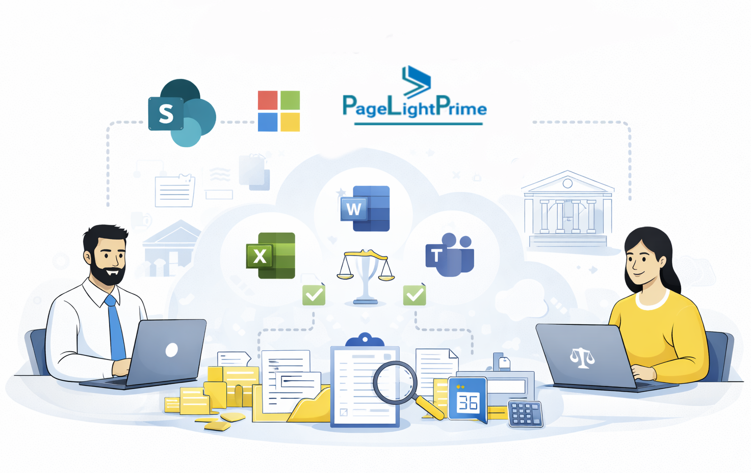  Microsoft 365 law firm document management illustration showing PageLightPrime integrated with SharePoint, Word, Excel, Teams, and legal matter workflows.
