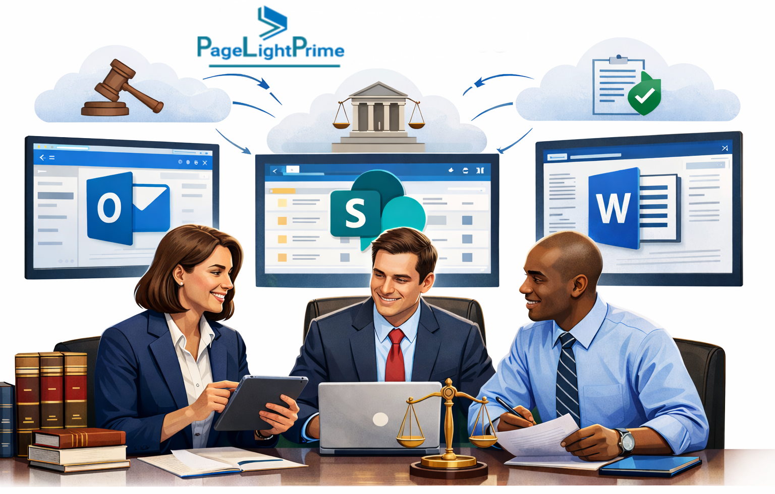 Team of lawyers reviewing legal practice management software dashboard with accounting integrations.