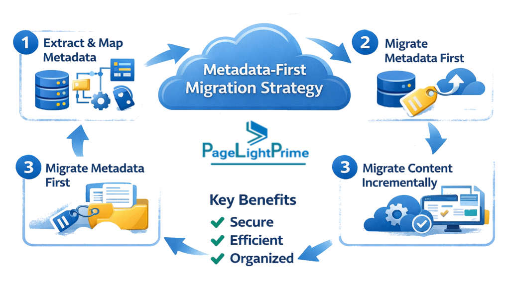 Metadata-first migration strategy for NetDocuments to SharePoint, highlighting XML parsing, attribute mapping, and structure reconstruction