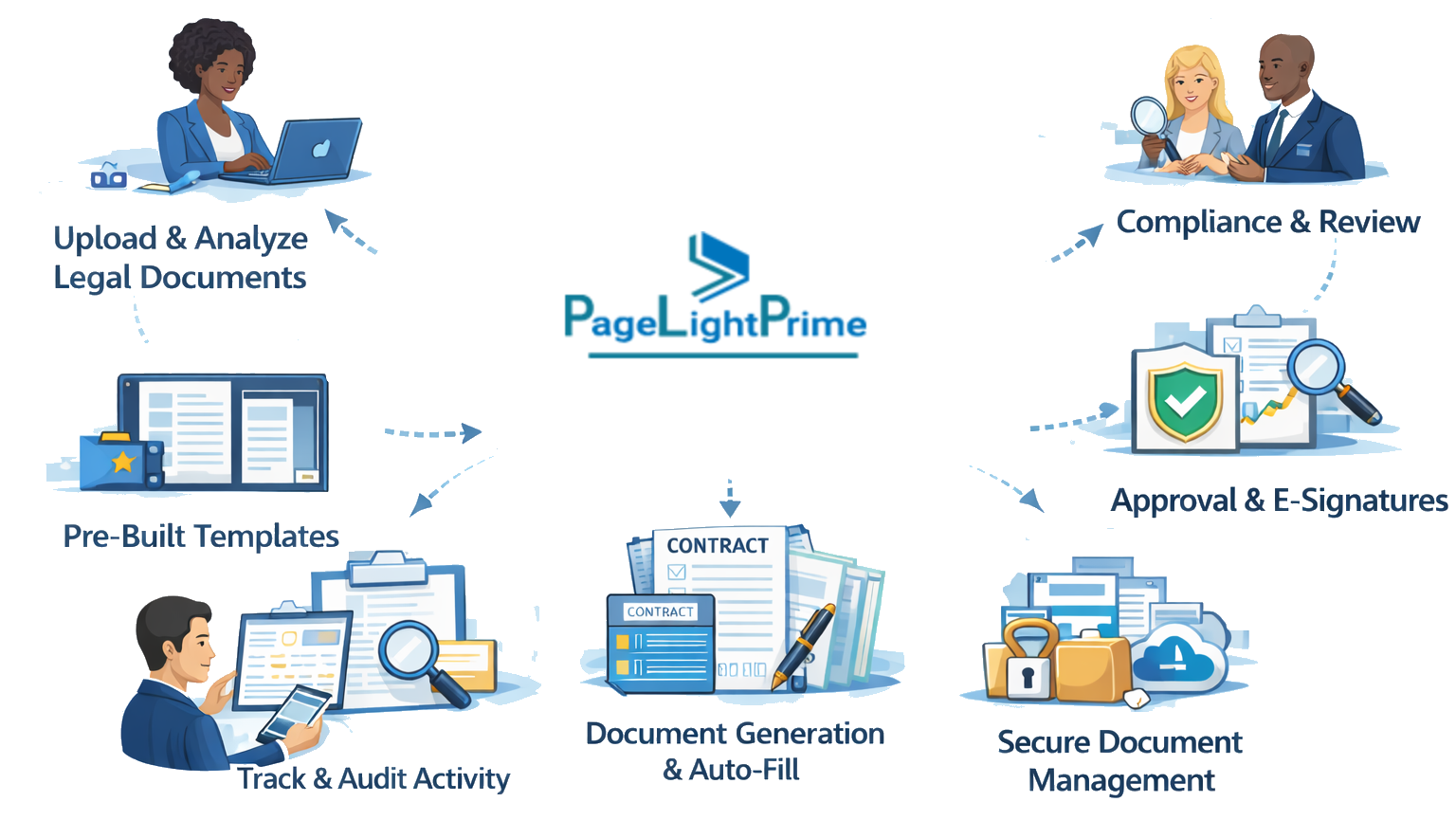 Microsoft 365 tools with document folders, cloud files, and a checklist representing legal document and workflow management
