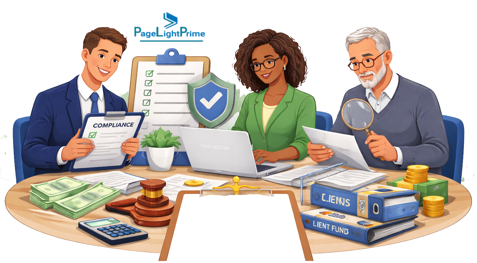 Law firm team reviewing PageLightPrime legal practice management software demonstrating trust accounting compliance and three-way reconciliation.