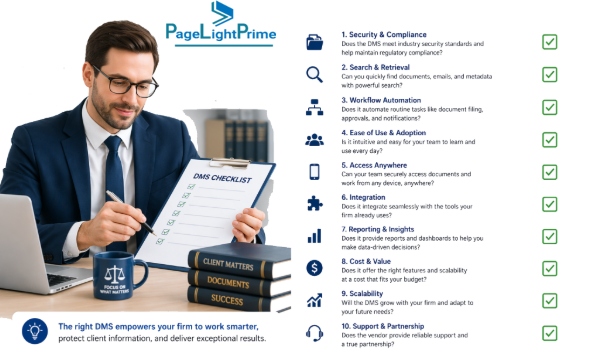 Law firm DMS decision checklist with sections on business needs and control and compliance, alongside an illustration of billing and reporting