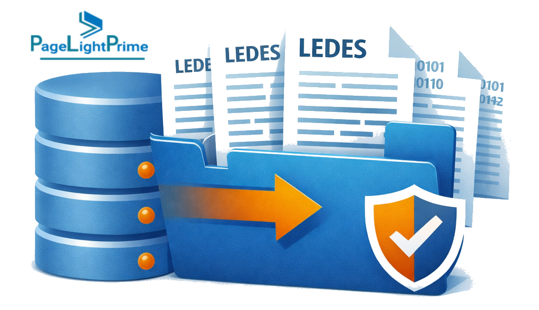 AI-assisted LEDES billing software interface for law firms showing bulk invoice export, multi-currency support
