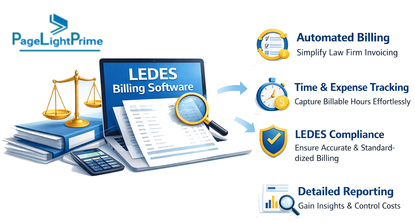 LEDES billing software showing a laptop with digital invoice, robotic arm automation, cloud upload, and secure document processing for legal billing.