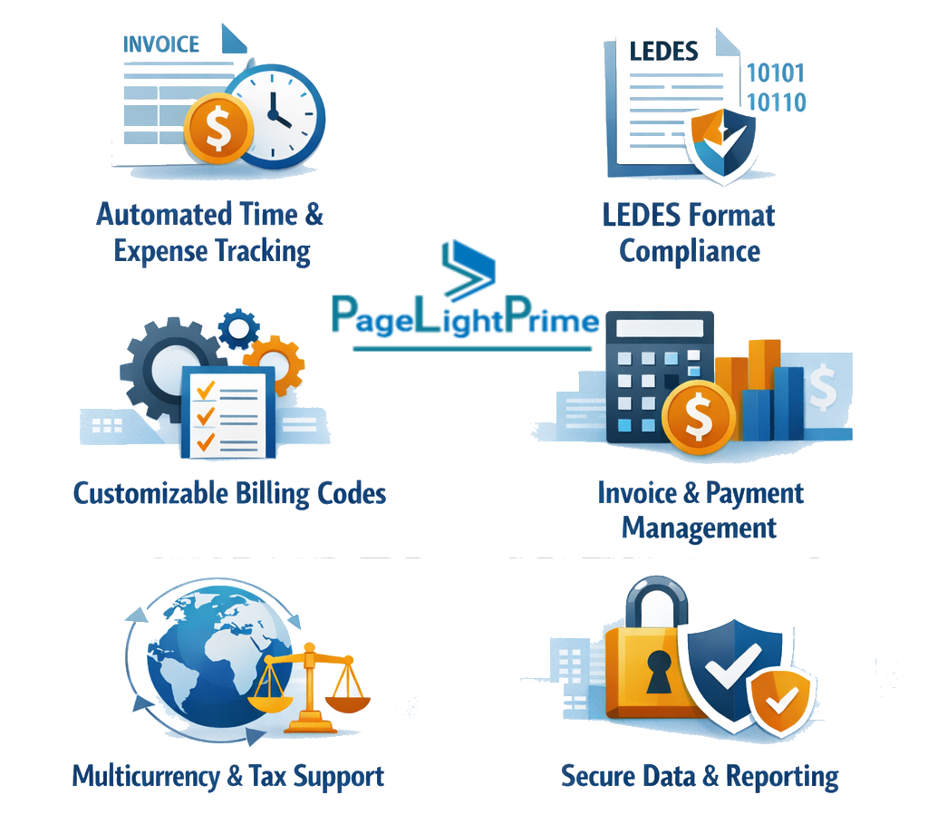 A digital contract interface, AI-assisted billing, UTBMS codes, and a lawyer reviewing documents