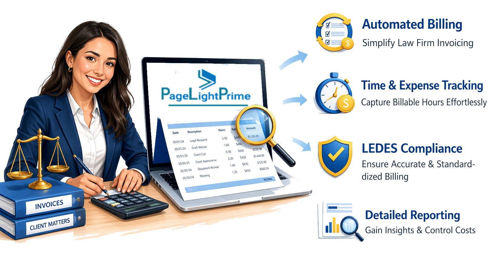 LEDES billing software for law firms showing automated billing, time and expense tracking, LEDES compliance, and detailed reporting alongside t