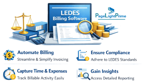 LEDES billing software selection showing integrated DMS and CRM systems on laptops, highlighting automation, data exchange, and legal billing workflow integration.