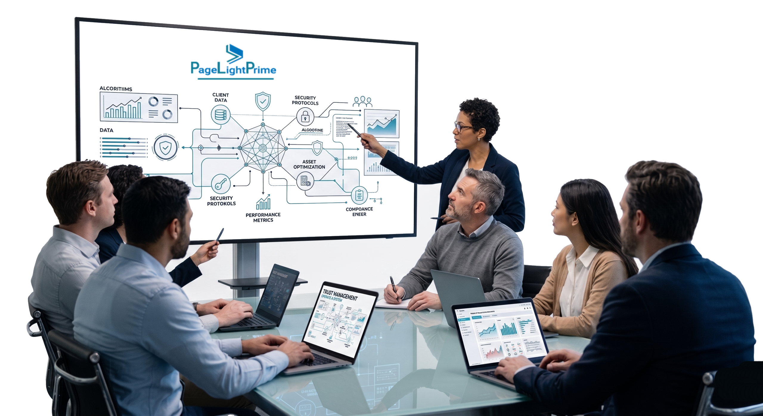 professionals reviewing financial documents, alongside text explaining a unified legal billing system with integrated