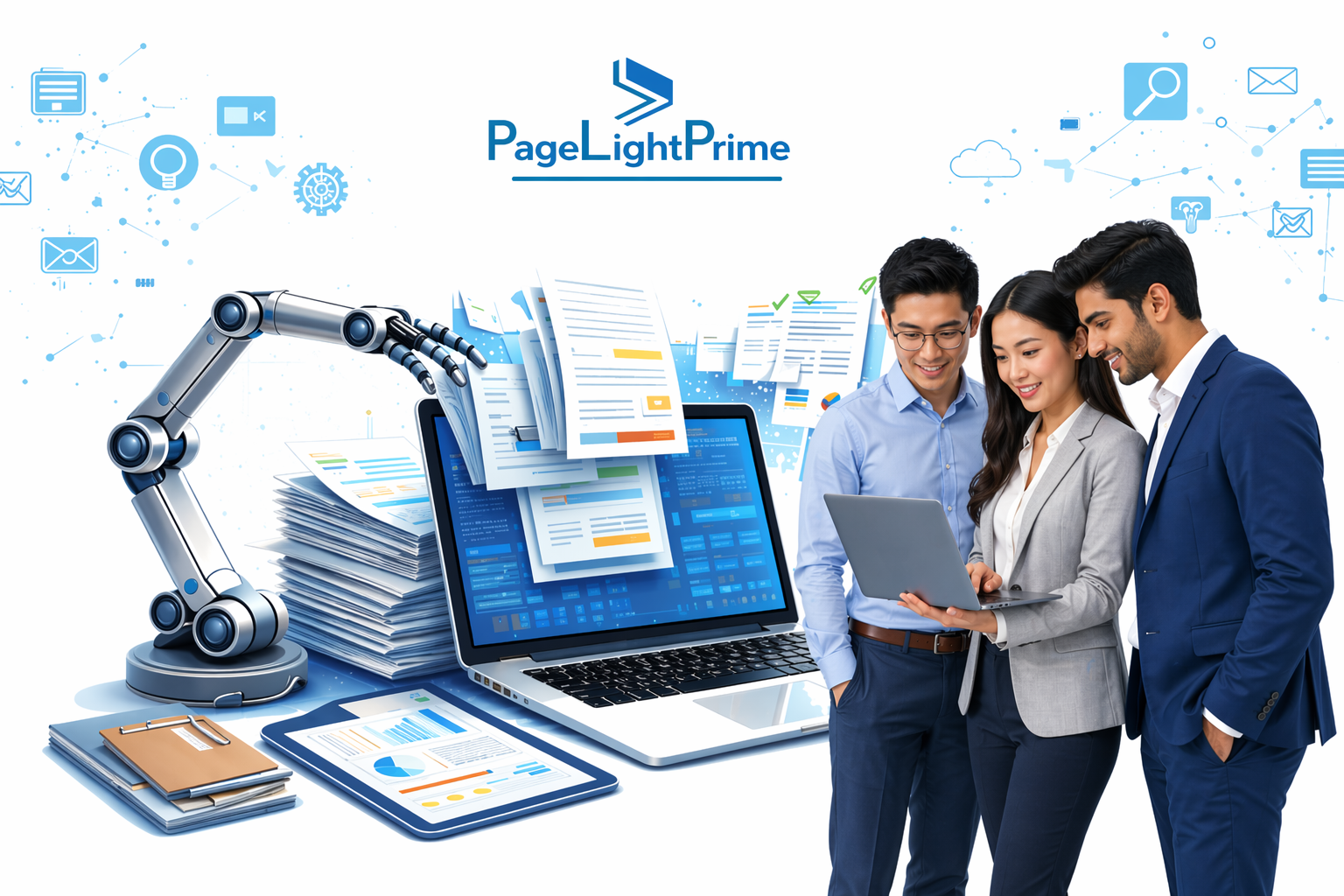 PageLightPrime as a Microsoft-native legal document management layer, showing professionals collaborating beside