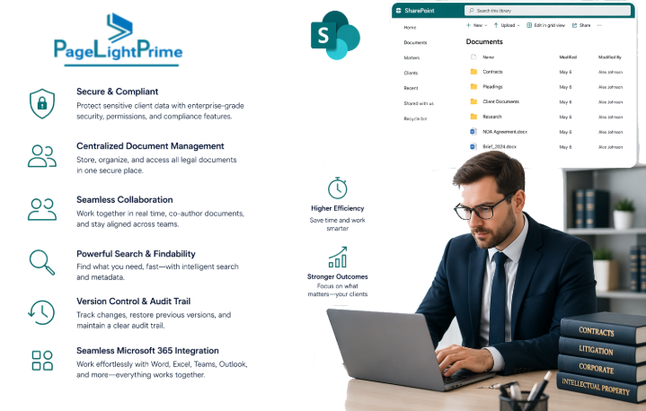 "PageLightPrime interface layered on SharePoint and Microsoft 365"