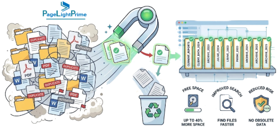 Legal document management illustration showing AI-assisted review and organization of documents
