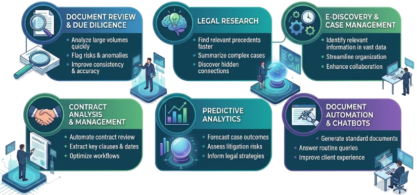 Diagram illustrating structured legal metadata fields including Client, Matter ID, Document Type, and Status in SharePoint.