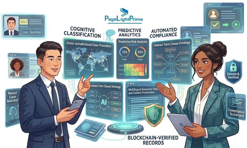 A modern illustration featuring a woman in a blue suit at a futuristic digital terminal displaying legal