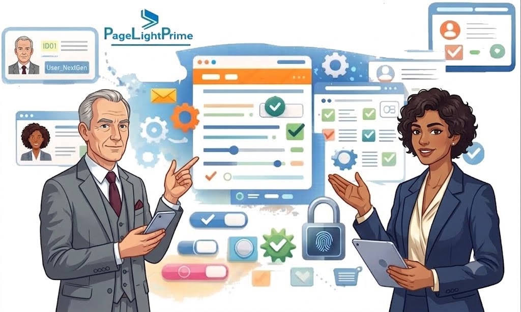 A diverse business couple is standing and pointing at various screens and icons showing identity management features.