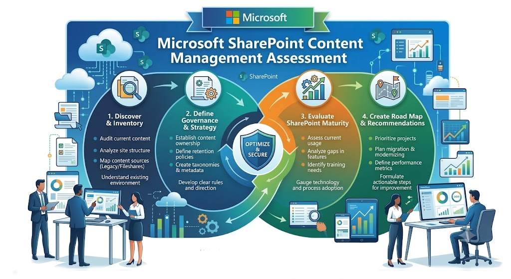 SharePoint content management assessment showing active and closed matter sites, department and practice-area sites