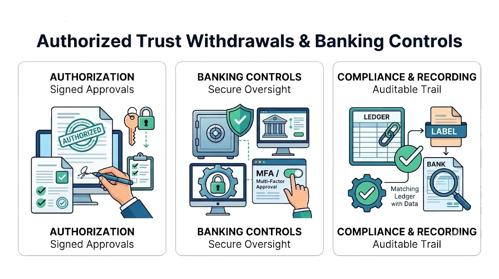 Authorized trust withdrawals and banking controls in legal accounting