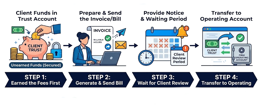 Lawyer reviewing trust accounting records and preparing a client bill before transferring earned legal fees from a trust account.