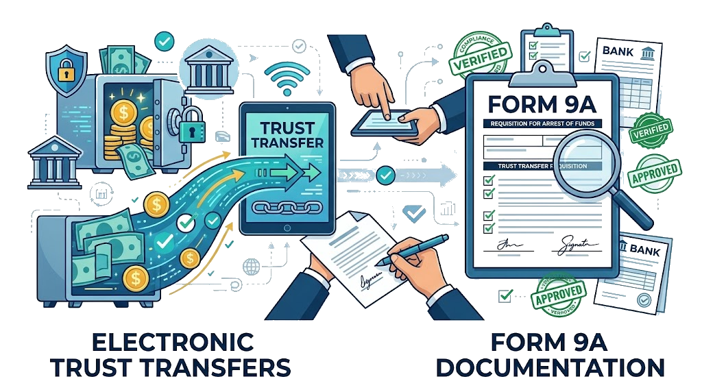 Electronic trust transfers and Form 9A documentation workflow for legal accounting, showing a lawyer using digital document management