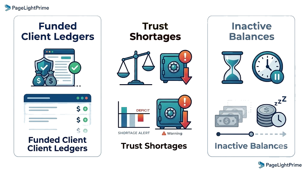 Funded client trust ledgers, trust shortages, and inactive balances in legal accounting