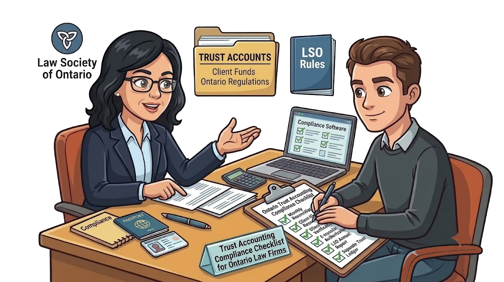 LSO trust accounting compliance checklist for Ontario law firms with read-only bookkeeping access and trust account reporting illustration