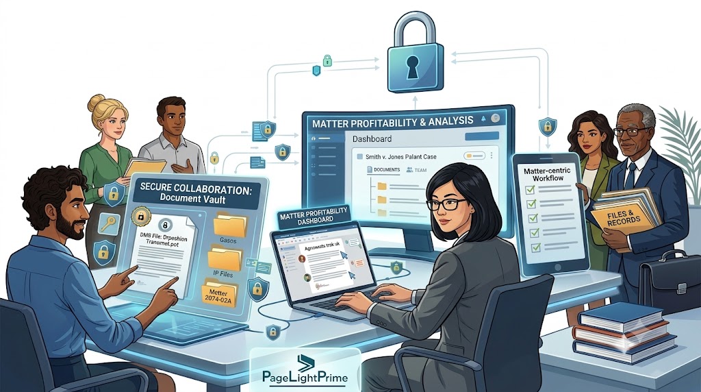 Legal document management software illustration showing digital document organization